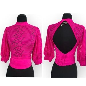 Valentine fuchsia pink backless lace crop top with wraparound sash, size L